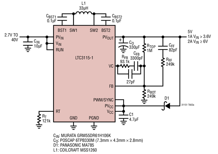 Wide Input Voltage Range (2.7V to 40V), High Efficiency 300kHz, Low Noise 5V Regulator