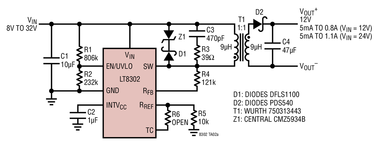 8V to 32VIN/12VOUT Isolated Flyback Converter