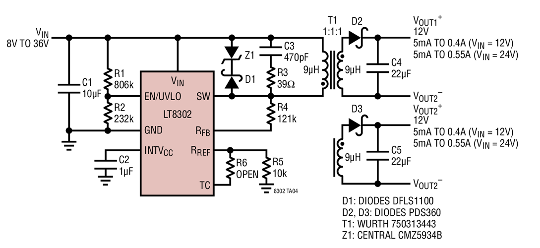 8V to 36VIN/±12VOUT Isolated Flyback Converter