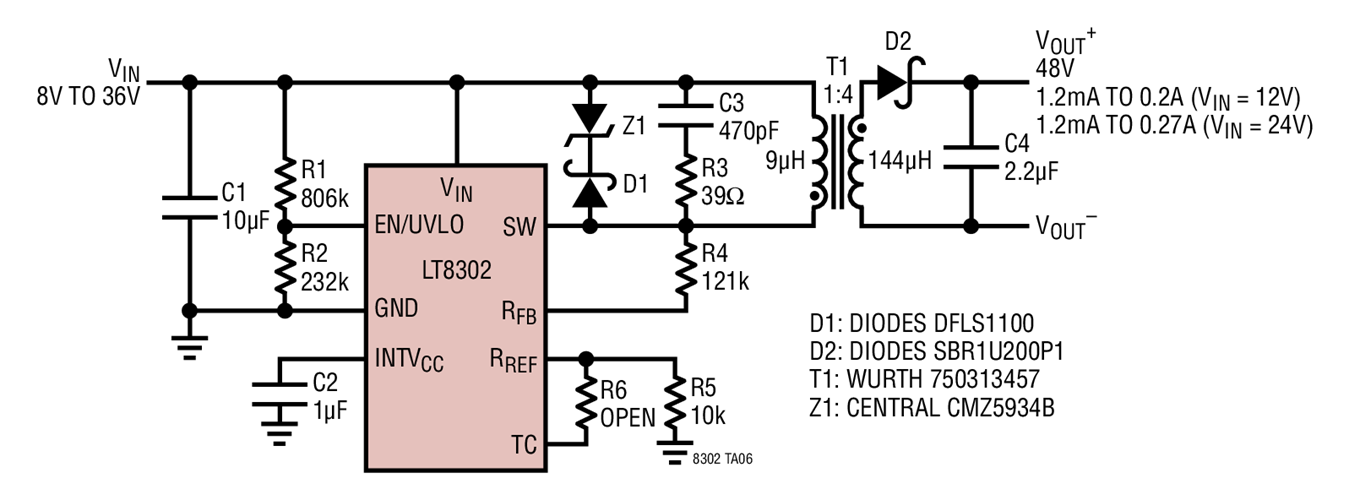 8V to 36VIN/48VOUT Isolated Flyback Converter