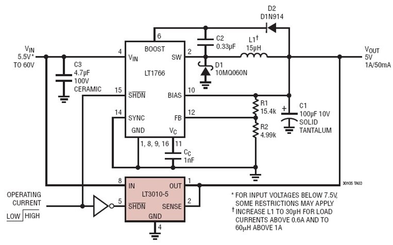 5V at 1A Buck Converter from 5V to 60V Supply with Low Current (50mA) Keep Alive Backup