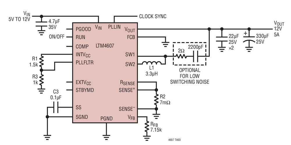 Boost Mode Operation with 5V to 12V Input with Low Switching Noise (Optional)