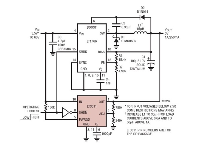 5V at 1A Buck Converter from 5V to 60V Supply with Low Current (250mA) Keep Alive Backup