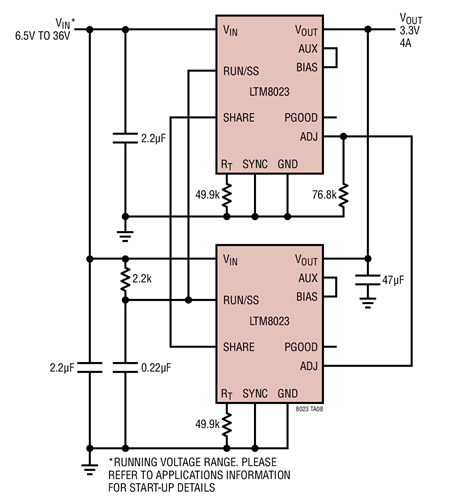 Two LTM8023’s in Parallel, 3.3V at 4A