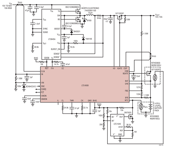 48V to 10.8V at 10A Buck Converter 3-Cell LiFePO4 Battery Charger with 2.9h Termination Timer,  1.25A Trickle Charge Current and Charging PFET Thermal Protection