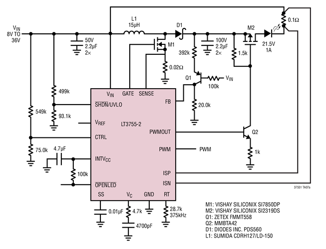 21W Buck-Boost Mode with 250:1 PWM Dimming and Open LED Protection