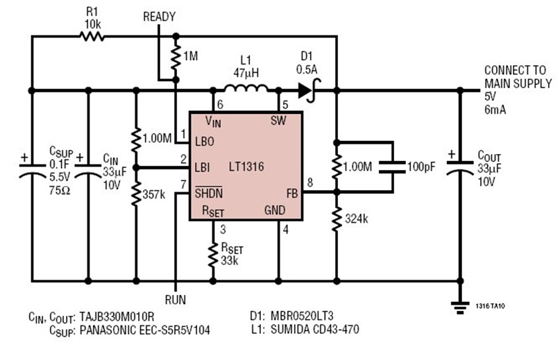 5V at 6mA for 9.6s Supercapacitor Backup Supply