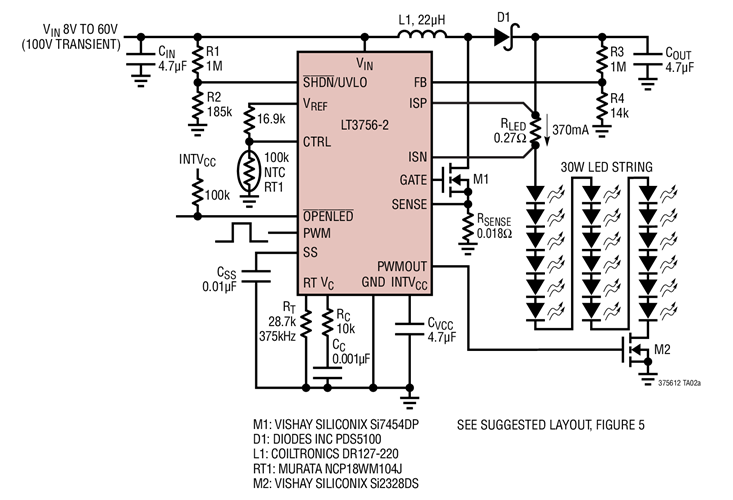 30W White LED Headlamp Driver with Thermal Derating