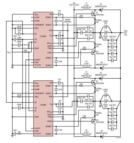 A 4.5V to 5.5V Input, 12V/15A Output 4-Phase Boost Converter Application Circuit