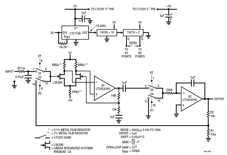 40nVpp Noise, 0.05uV/C Drift, Chopped FET Amplifier
