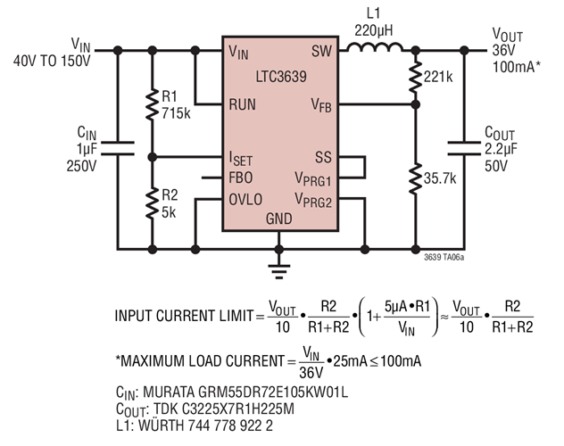 LTC3639 40V to 150V Input to 36V/100mA Output with 25mA Input Current Limit
