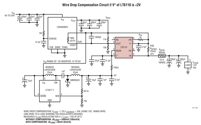 Wire Drop Compensation Circuit if V+ of LT6110 is <2V