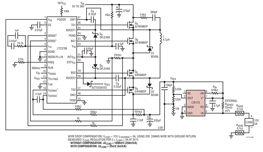 LT6110 with External RSENSE and LTC3789 Buck-Boost Regulator at 12V