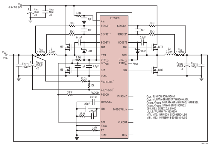 LTC3839 6.5V-34Vin to 5Vout@25A Step Down Converter