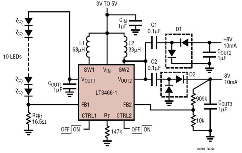 Li-Ion to 10 White LEDs and LCD Bias (+/-8V) with Output Disconnect