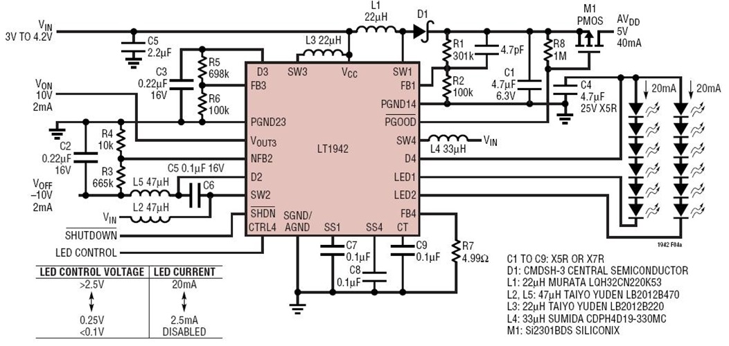 TFT Bias (5V@40mA, 10V@2mA, -10V@2mA) and White LED Backlight Supply From Single Li-Ion Cell