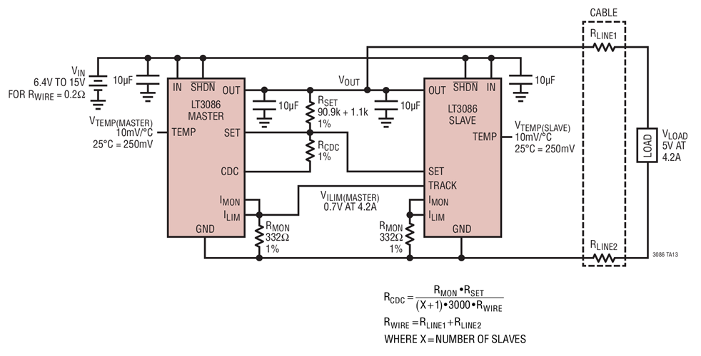Paralleling Two Regulators for 5V, 4.2A with Cable Drop Compensation (CDC)