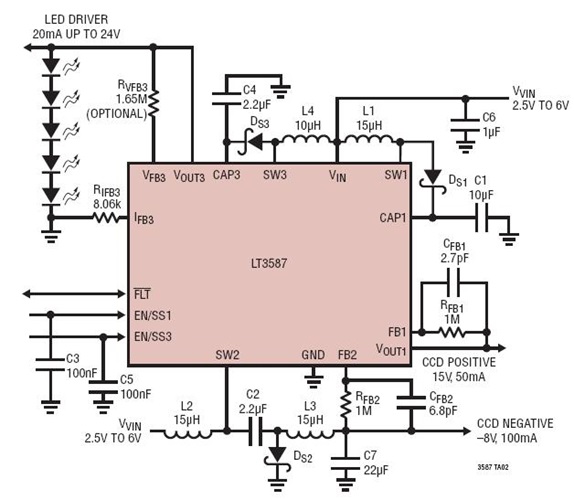 Li-Ion Powered Supply for CCD Imager and Five White Backlight LEDs