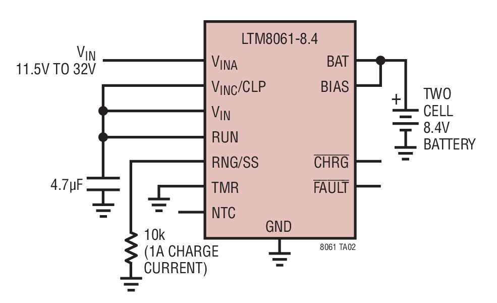Two Cell 1A Li-Ion Battery Charger with C/10  Termination and Reverse Input Protection