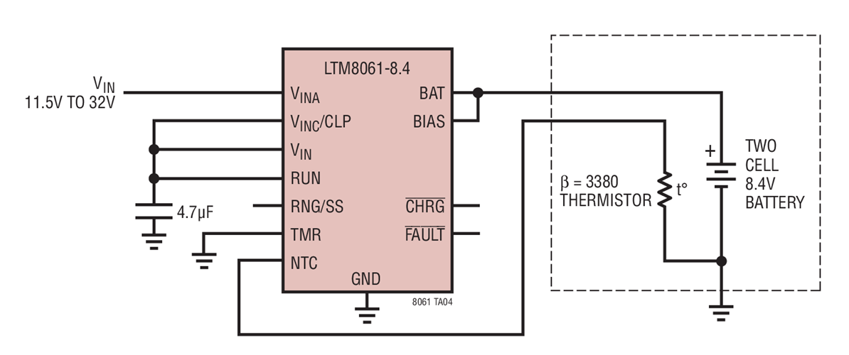 Two Cell 2A Li-Ion Battery Charger with Thermistor, C/10  Termination and Reverse Input Protection