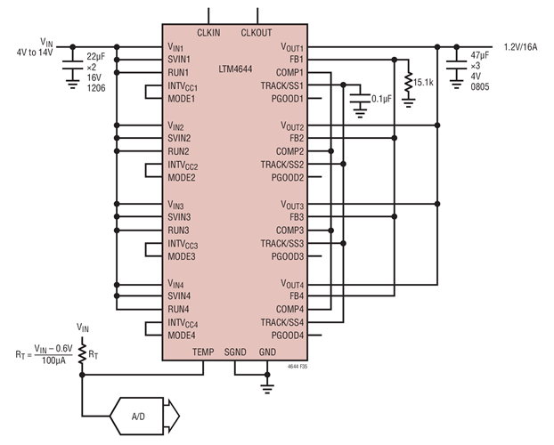4V to 14V Input, 4-Phase, 1.2V at 16A Design with Temperature Monitoring