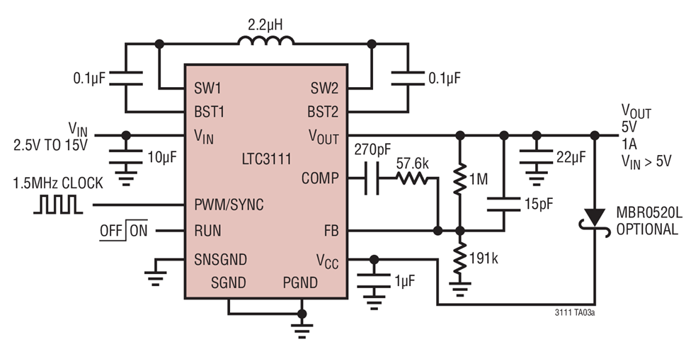 LTC3111 Synchronized to a 1.5MHz Clock, 5V/1A Output