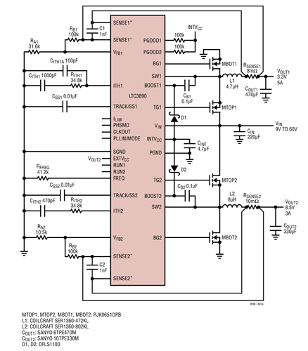 High Efficiency Dual 8.5V/3.3V Step-Down Converter