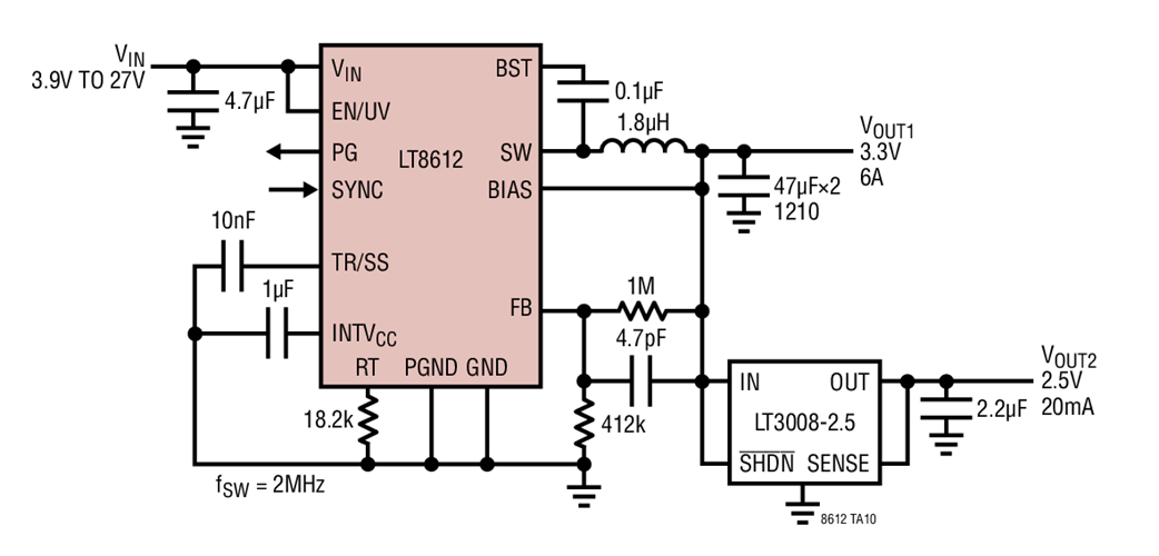 Ultralow IQ 2.5V, 3.3V Step-Down with LDO