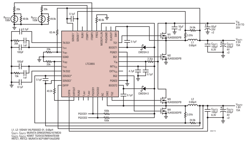 2.5V, 15A and 1.8V, 15A Supply with NTC Temperature Compensated DCR Sensing, fSW = 350kHz
