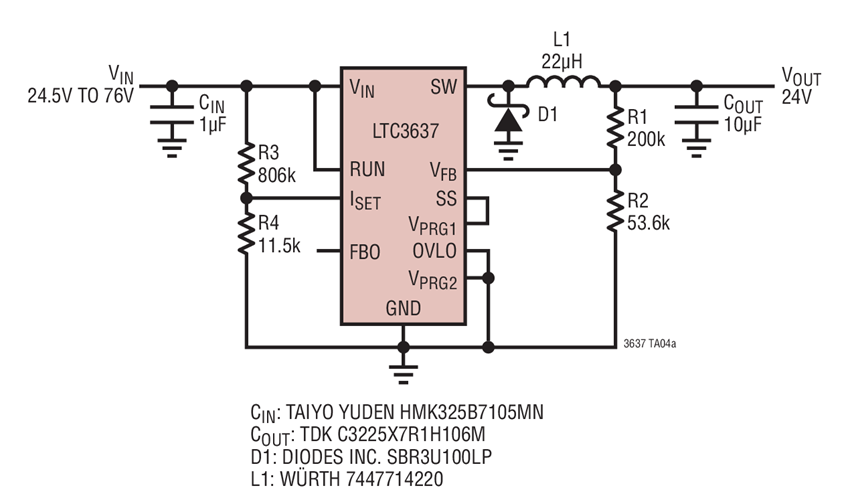 24.5V to 76V Input to 24V Output with 350mA Input Current Limit
