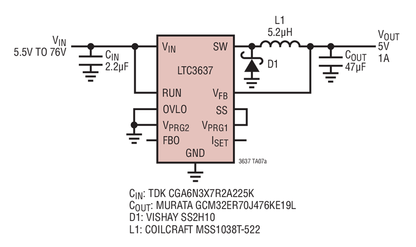 5.5V to 76V Input to 5V Output, 1A Step-Down Regulator