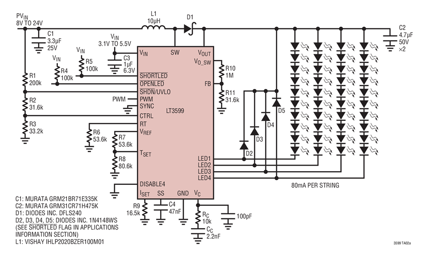 12W LED Driver 1MHz Boost, 80mA per String, 10 LEDs per String