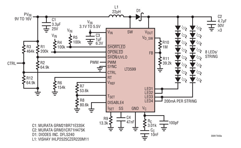 12W LED Driver 400kHz Boost, Two LED Strings, 200mA per String, 8 LEDs per String