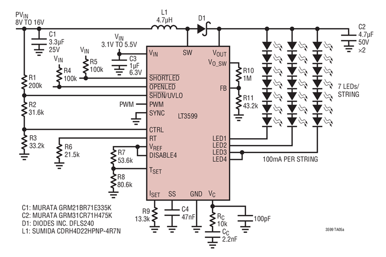 8W LED Driver 2MHz Boost, Three Strings, 100mA per String, 7 LEDs per String