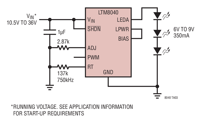 Step Down 350mA Drive with Three Series Red LEDs