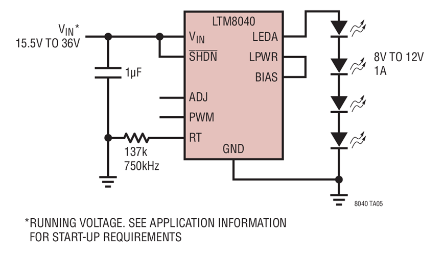 Step Down 1A Drive with Four Series Red LEDs