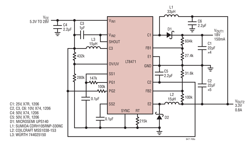 Wide Input Range Buck Converter with 3.3V Output and Boost Converter with 18V Output at 400kHz