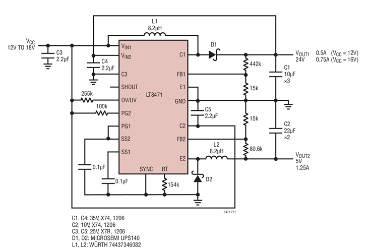 Boost Converter with 24V Output and Buck Converter with 5V Output at 550kHz