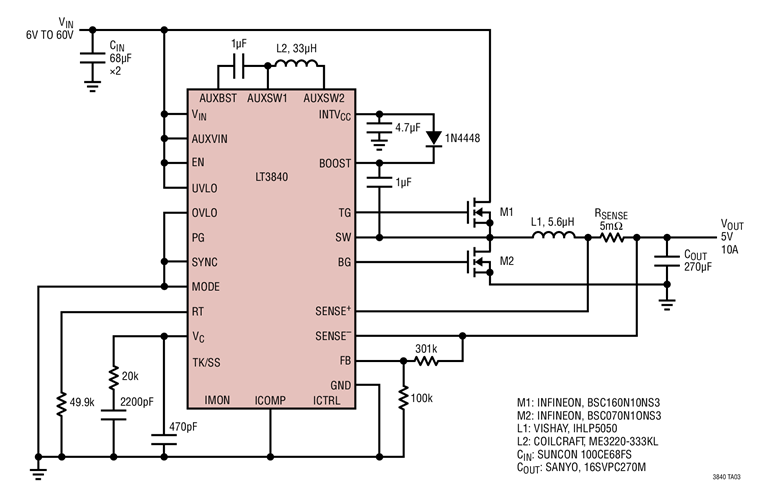 LT3840 Low Part Count Application, 6V to 60V Input to 5V, 10A Output