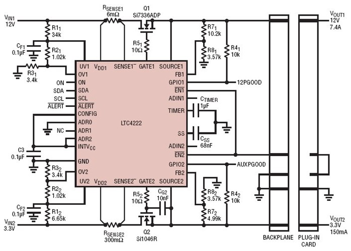 AMC Dual 12V and 3.3V Hot Swap Controller Application with Digital Monitoring