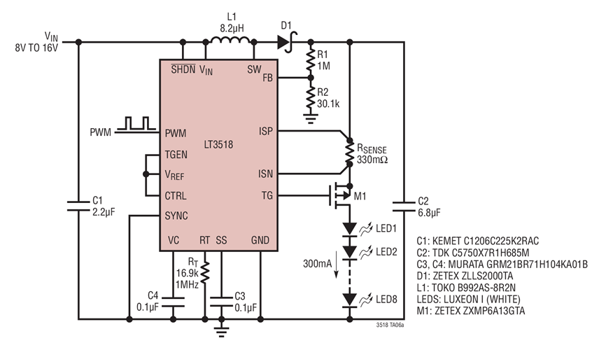 Boost 300mA LED Driver with LED Open Protection