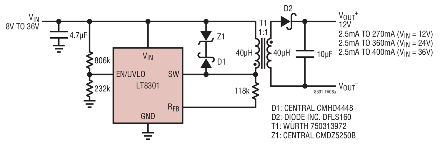 8V to 36VIN/12VOUT Micropower Isolated Flyback Converter