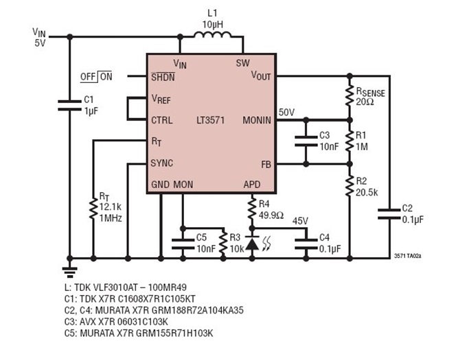 5V to 45V Low Noise APD Bias Power Supply