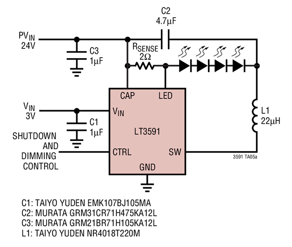24V to Four White LEDs at 100mA