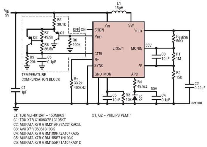 5V to 50V Low Noise APD Bias Power Supply with Temperature Compensation