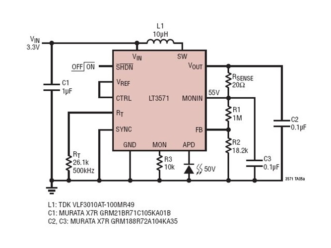 3.3V to 50V Low Noise APD Bias Power Supply