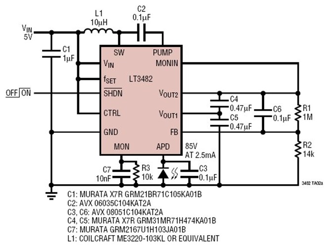 5V to 85V Low Noise APD Bias Power Supply