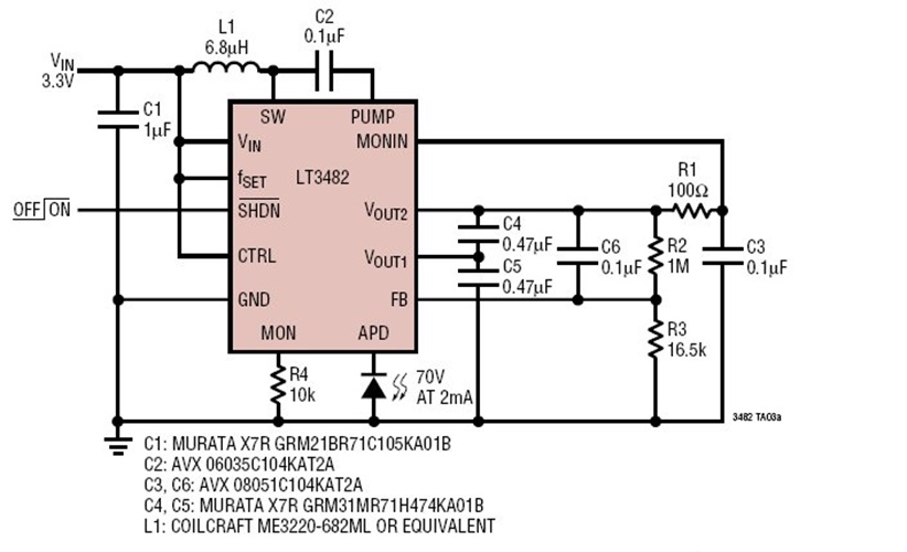 3.3V to 70V Low Noise APD Bias Power Supply with Fast Current Monitor Response