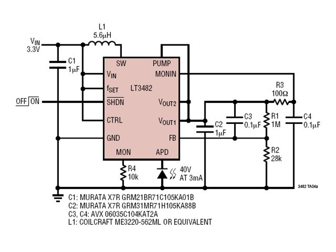 3.3V to 40V Low Noise APD Bias Power Supply
