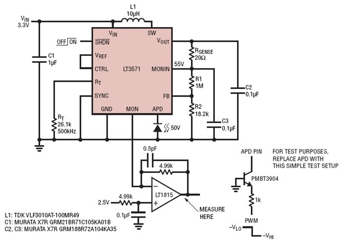 3.3V to 50V Low Noise APD Bias Supply With Ultrafast Current Monitor Transient Speed